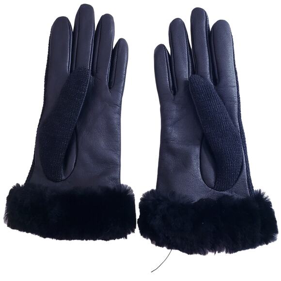 NWOT UGG Women's Shorty Leather & Wool Blend Gloves w/ Faux Fur Trim Size S/P - Picture 2 of 4